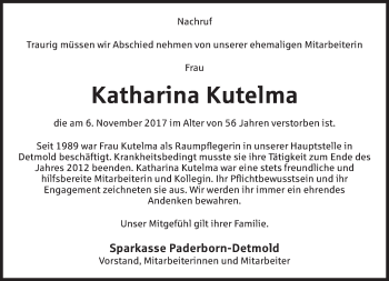 Anzeige  Katharina Kutelma  Lippische Landes-Zeitung