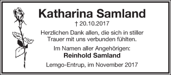Anzeige  Katharina Samland  Lippische Landes-Zeitung