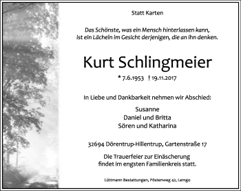 Anzeige  Kurt Schlingmeier  Lippische Landes-Zeitung