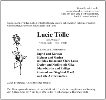 Anzeige  Lucie Tölle  Lippische Landes-Zeitung