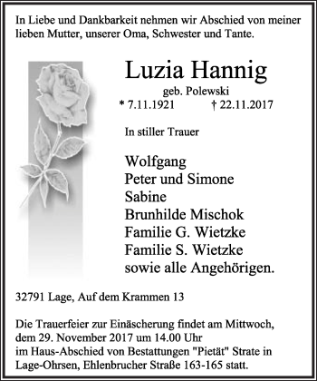 Anzeige  Luzia Hannig  Lippische Landes-Zeitung