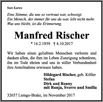Anzeige  Manfred Rischer  Lippische Landes-Zeitung