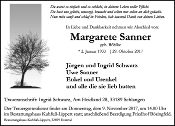 Anzeige  Margarete Sanner  Lippische Landes-Zeitung