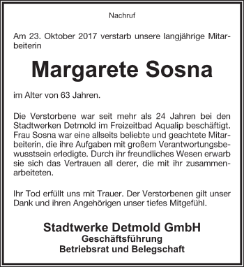 Anzeige  Margarete Sosna  Lippische Landes-Zeitung