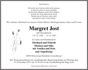 Anzeige  Margret Jost  Lippische Landes-Zeitung