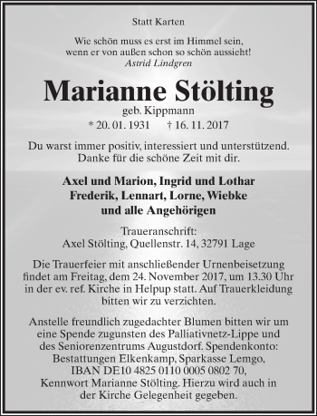 Anzeige  Marianne Stölting  Lippische Landes-Zeitung