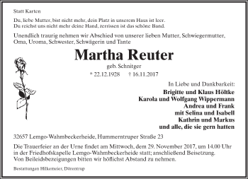 Anzeige  Martha Reuter  Lippische Landes-Zeitung