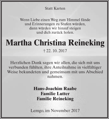 Anzeige  Martha Christina Reineking  Lippische Landes-Zeitung
