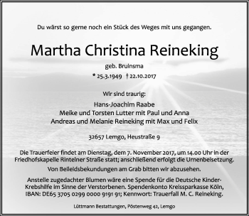 Anzeige  Martha Christina Reineking  Lippische Landes-Zeitung