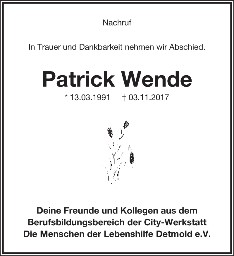  Traueranzeige für Patrick Wende vom 18.11.2017 aus Lippische Landes-Zeitung