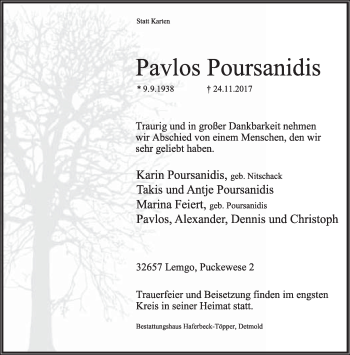 Anzeige  Pavlos Poursanidis  Lippische Landes-Zeitung