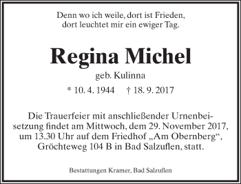 Anzeige  Regina Michel  Lippische Landes-Zeitung