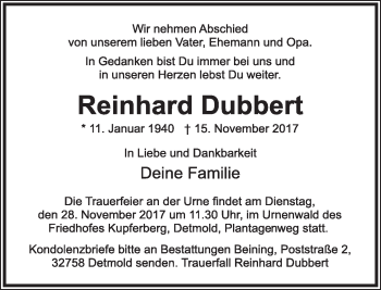 Anzeige  Reinhard Dubbert  Lippische Landes-Zeitung