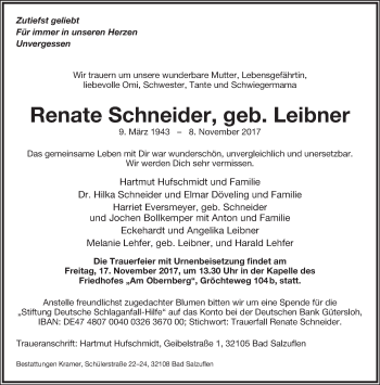 Anzeige  Renate Schneider  Lippische Landes-Zeitung
