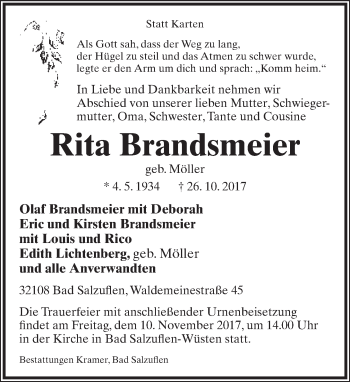 Anzeige  Rita Brandsmeier  Lippische Landes-Zeitung