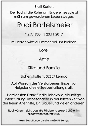 Anzeige  Rudi Bartelsmeier  Lippische Landes-Zeitung