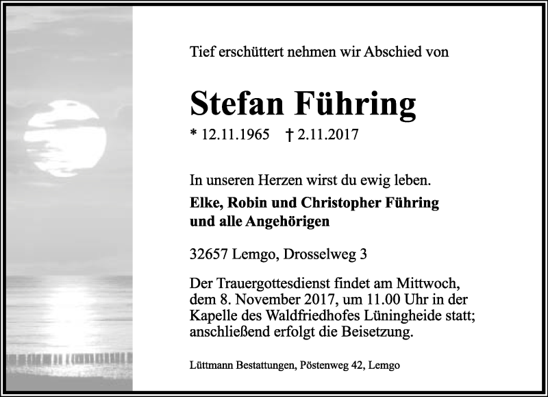  Traueranzeige für Stefan Führing vom 04.11.2017 aus Lippische Landes-Zeitung