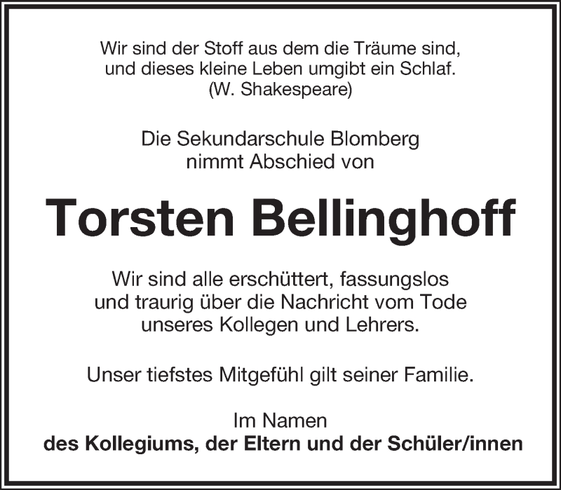  Traueranzeige für Torsten Bellinghoff vom 15.11.2017 aus Lippische Landes-Zeitung