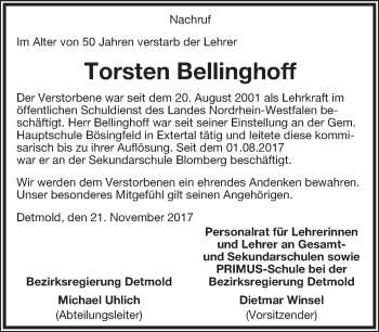 Anzeige  Torsten Bellinghoff  Lippische Landes-Zeitung