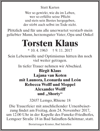 Anzeige  Torsten Klaus  Lippische Landes-Zeitung