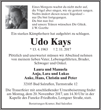 Anzeige  Udo Kays  Lippische Landes-Zeitung
