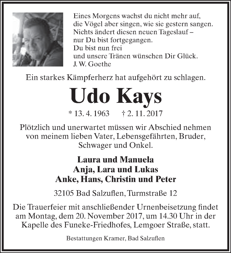  Traueranzeige für Udo Kays vom 11.11.2017 aus Lippische Landes-Zeitung