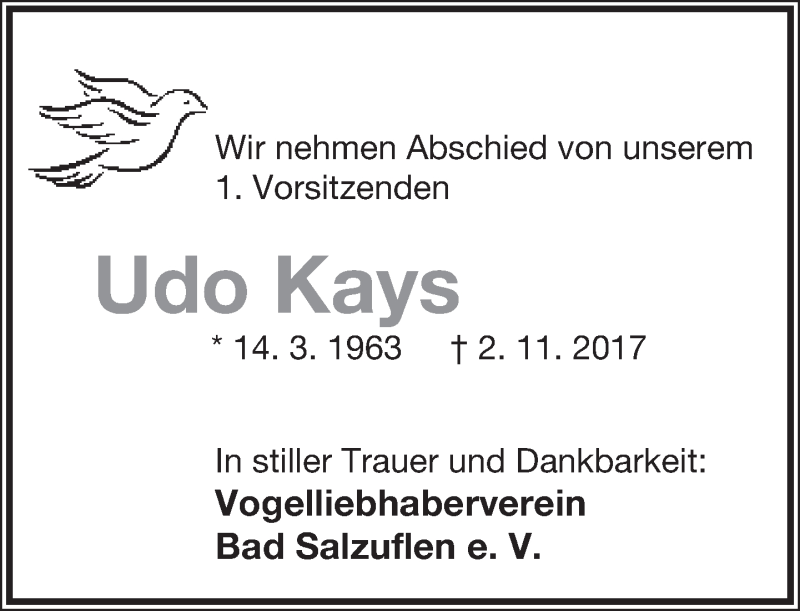  Traueranzeige für Udo Kays vom 11.11.2017 aus Lippische Landes-Zeitung