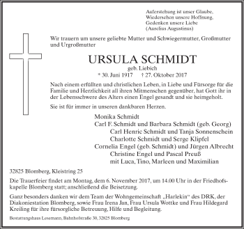 Anzeige  Ursula Schmidt  Lippische Landes-Zeitung