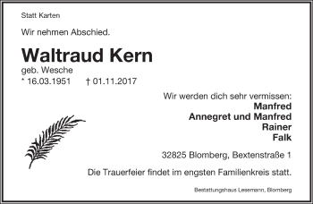 Anzeige  Waltraud Kern  Lippische Landes-Zeitung