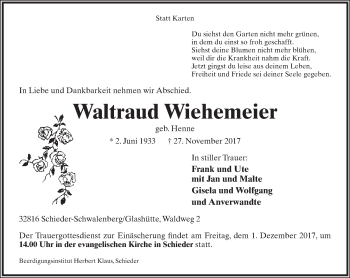 Anzeige  Waltraud Wiehemeier  Lippische Landes-Zeitung