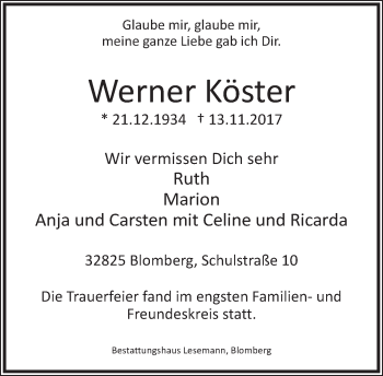 Anzeige  Werner Köster  Lippische Landes-Zeitung