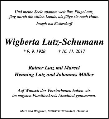 Anzeige  Wigberta Lutz-Schumann  Lippische Landes-Zeitung