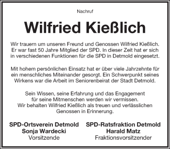 Anzeige  Wilfried Kießlich  Lippische Landes-Zeitung