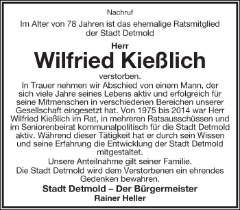 Anzeige  Wilfried Kießlich  Lippische Landes-Zeitung