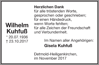 Anzeige  Wilhelm Kuhfuß  Lippische Landes-Zeitung