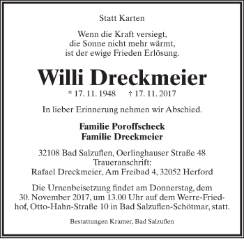 Anzeige  Willi Dreckmeier  Lippische Landes-Zeitung