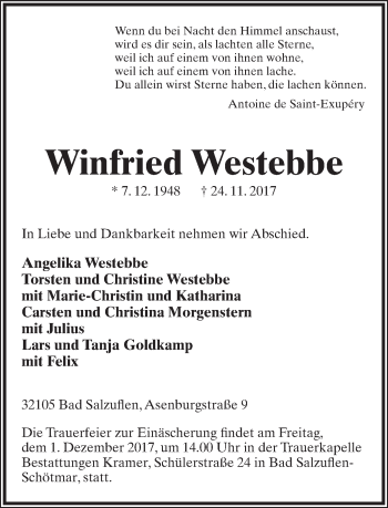 Anzeige  Winfried Westebbe  Lippische Landes-Zeitung