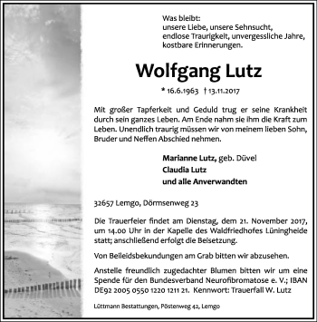 Anzeige  Wolfgang Lutz  Lippische Landes-Zeitung