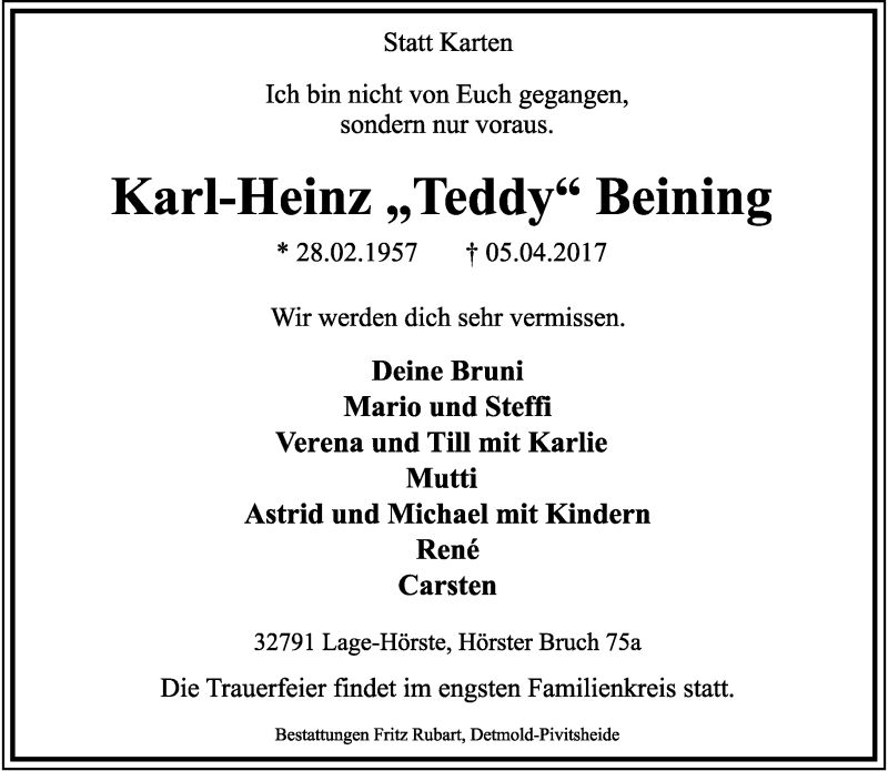  Traueranzeige für Karl-Heinz Beining vom 08.04.2017 aus Lippische Landes-Zeitung