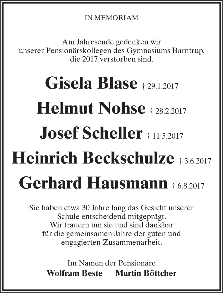  Traueranzeige für Gerhard Hausmann vom 16.12.2017 aus Lippische Lanes-Zeitung