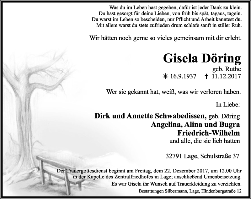  Traueranzeige für Gisela Döring vom 16.12.2017 aus Lippische Landes-Zeitung