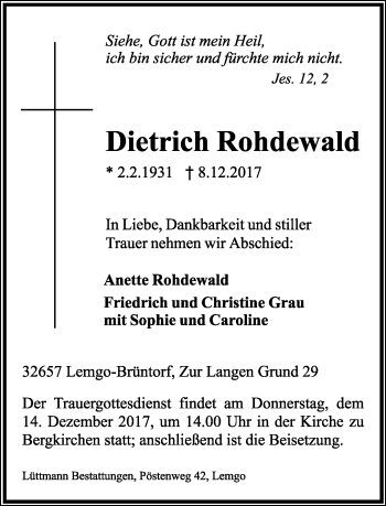 Anzeige  Dietrich Rohdewald   Lippische Landes-Zeitung
