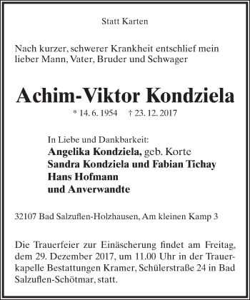 Anzeige  Achim-Viktor Kondziela  Lippische Landes-Zeitung