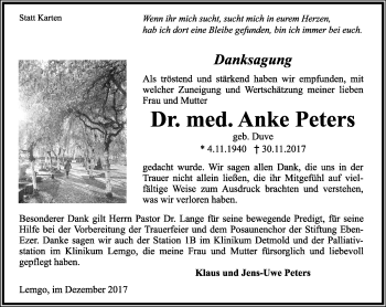 Anzeige  Anke Peters  Lippische Landes-Zeitung
