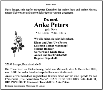 Anzeige  Anke Peters  Lippische Landes-Zeitung