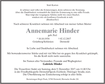 Anzeige  Annemarie Hinder  Lippische Landes-Zeitung