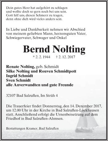 Anzeige  Bernd Nolting  Lippische Landes-Zeitung