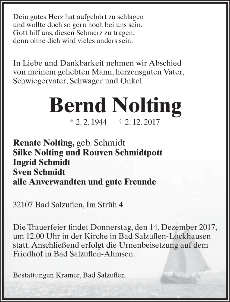  Traueranzeige für Bernd Nolting vom 06.12.2017 aus Lippische Landes-Zeitung