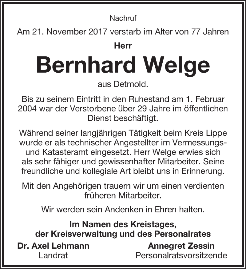  Traueranzeige für Bernhard Welge vom 01.12.2017 aus Lippische Landes-Zeitung