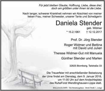 Anzeige  Daniela Stender  Lippische Landes-Zeitung